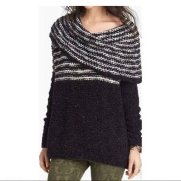 Free People Sweaters - Free People Off Shoulder Striped Chunky Knit Sweater Black White S